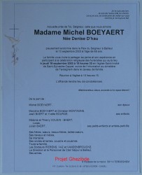 Denise D'HAU epouse de Michel BOEYAERT, décédée à Bailleul, le 13 Septembre 2003 (68 ans).